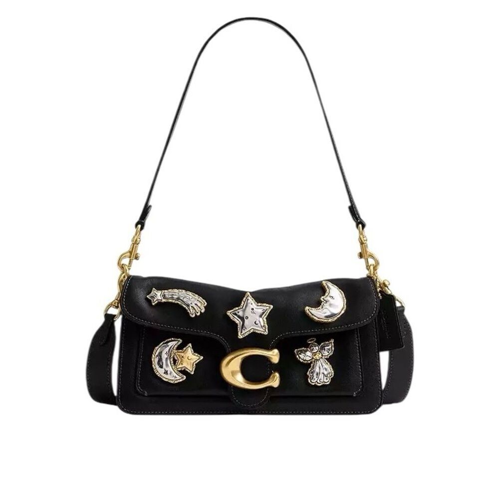 Coach Tabby Shoulder Crossbody Bag 26 Moon Stars Angel Pins Black Leather New